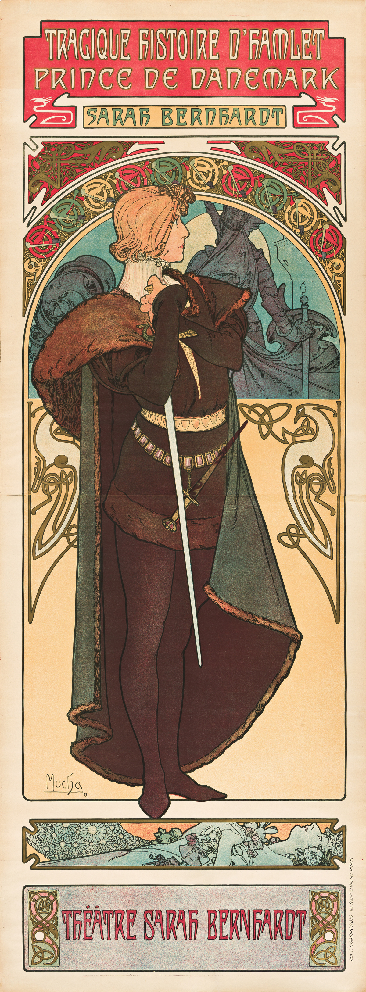 ALPHONSE MUCHA (1860-1939).  TRAGIQUE HISTOIRE DHAMLET / SARAH BERNHARDT. 1899. 82x30 inches, 208x77 cm. F. Champenois, Paris.